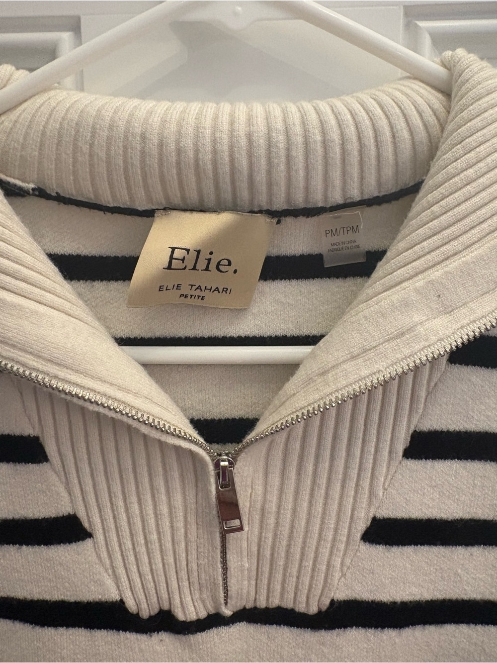 Elie Tahari Black and Cream Striped Sailor Collar Zip Sweater - Picture 3 of 4